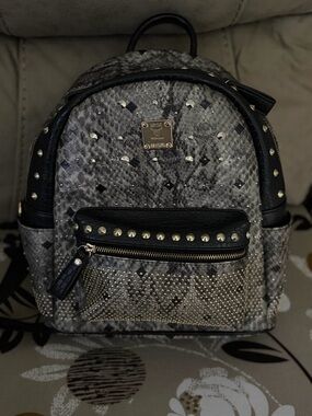 MCM Grey Studded Visetos Leather Mini Backpack